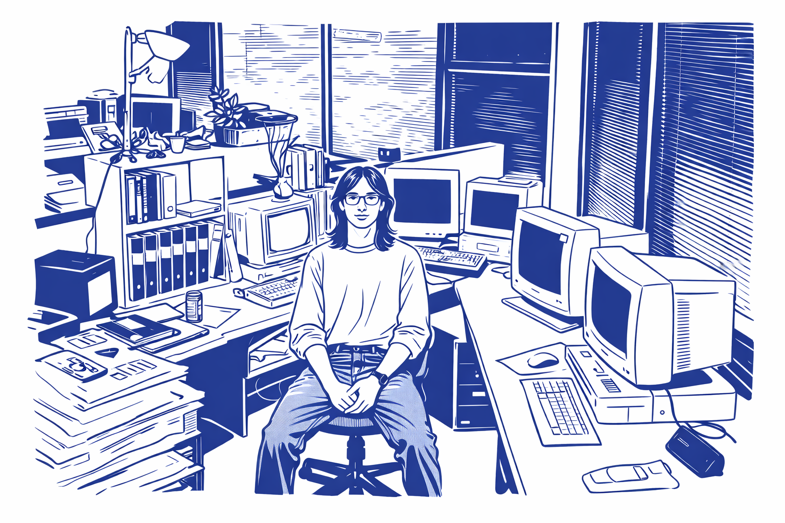 An illustrated portrait of Mike surrounded by vintage computers